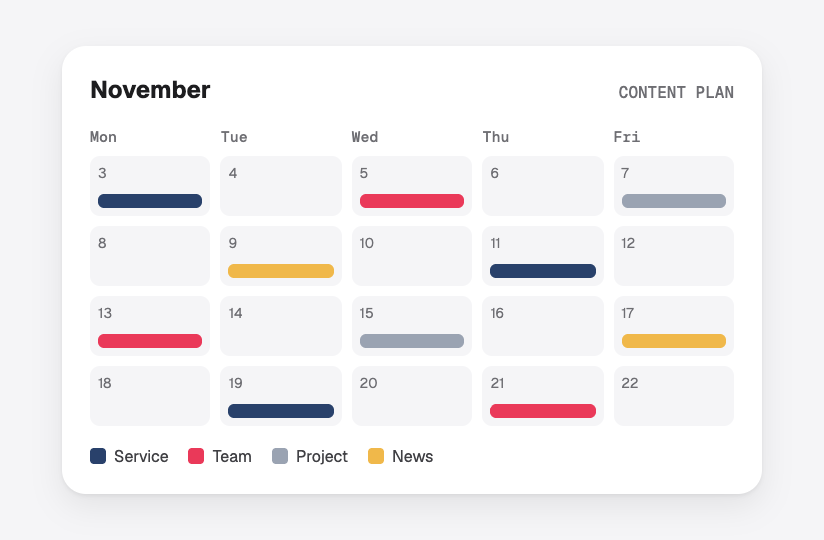 A content plan for a month, with posts about services, the team, projects and news