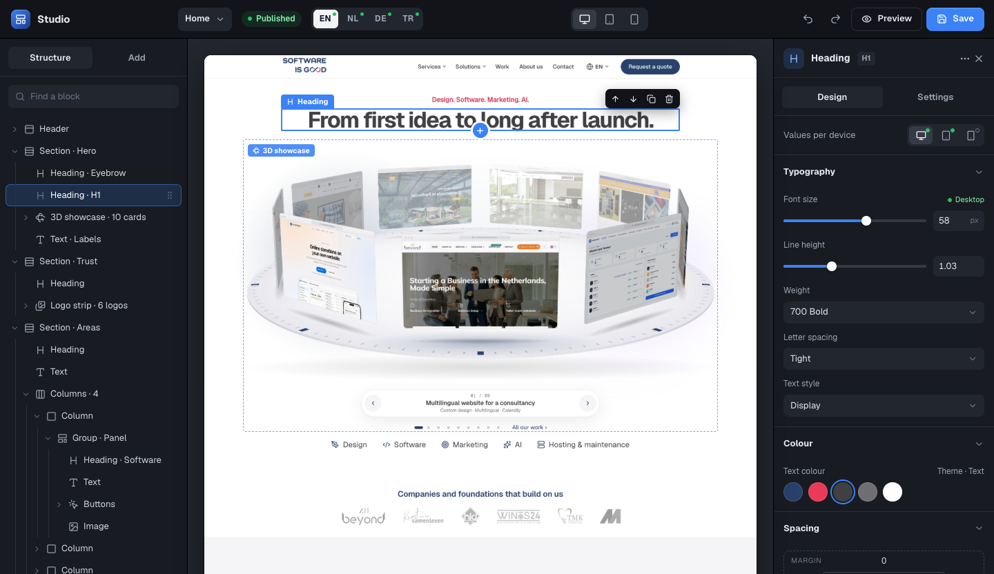 The Studio of siteisgood, editing the home page of this site
