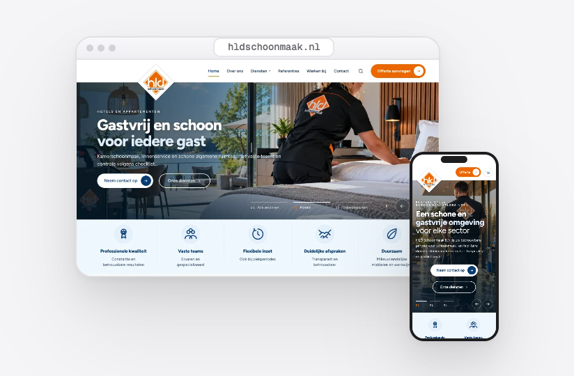 De website van HLD Schoonmaak in een browservenster en op een telefoon