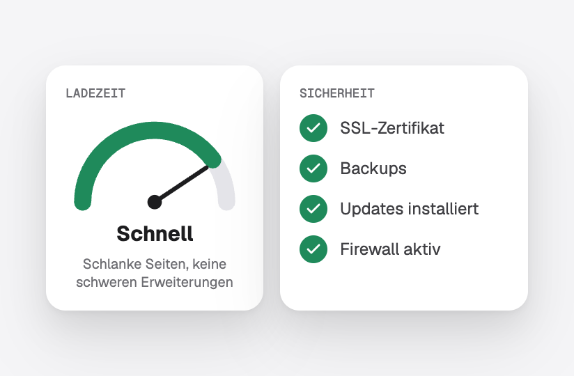 Eine Geschwindigkeitsanzeige der Seite im schnellen Bereich, daneben eine Sicherheits-Checkliste: SSL, Backups, Updates und Firewall