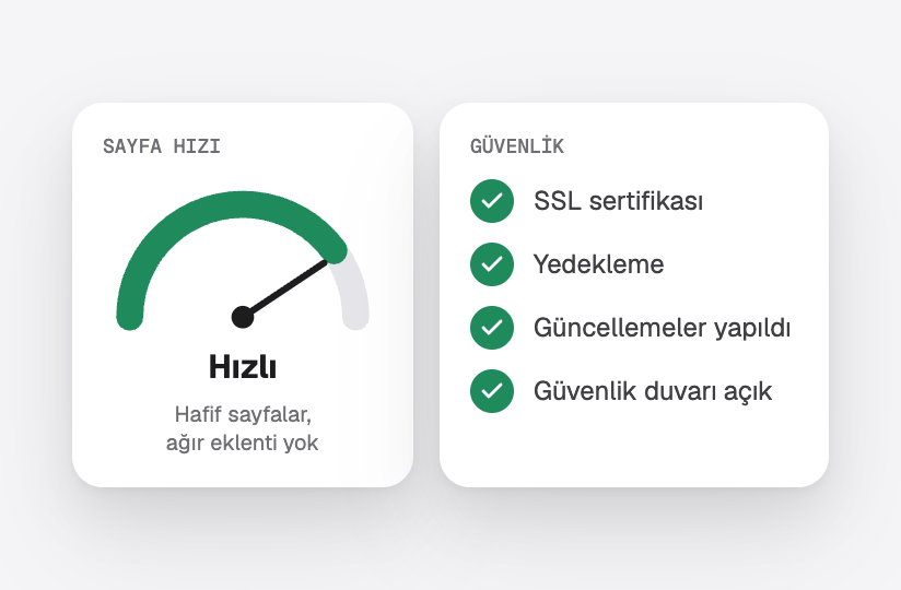 İbresi hızlı bölgede olan bir sayfa hızı göstergesi; yanında bir güvenlik kontrol listesi: SSL, yedekler, güncellemeler ve güvenlik duvarı