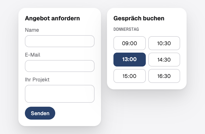 Ein Formular für Angebotsanfragen, daneben freie Termine, um ein Gespräch zu buchen