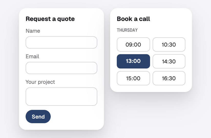 A quote request form beside free times to book a call
