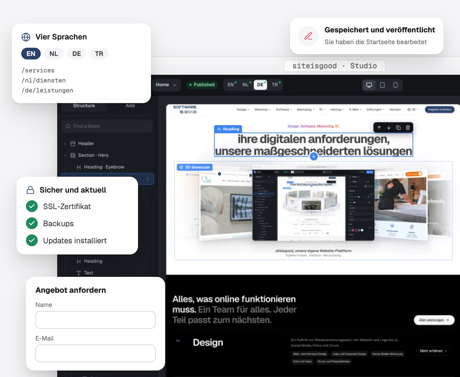Unser eigenes Studio beim Bearbeiten einer Website, mit Karten zu vier Sprachen, Sicherheit und einem Angebotsformular